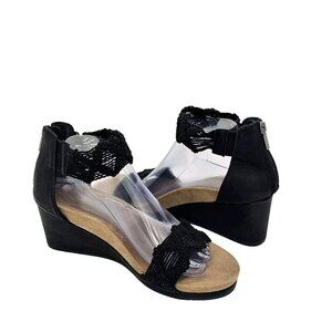 Lucky Brand Kaydyn Womens Wedge Sandals 10 M Black Crochet Boho Cocktail Evening
